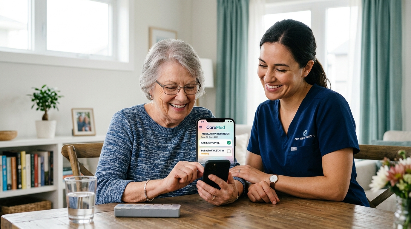 Elderly Patient and Caregiver managing medication adherence with smart mobile application